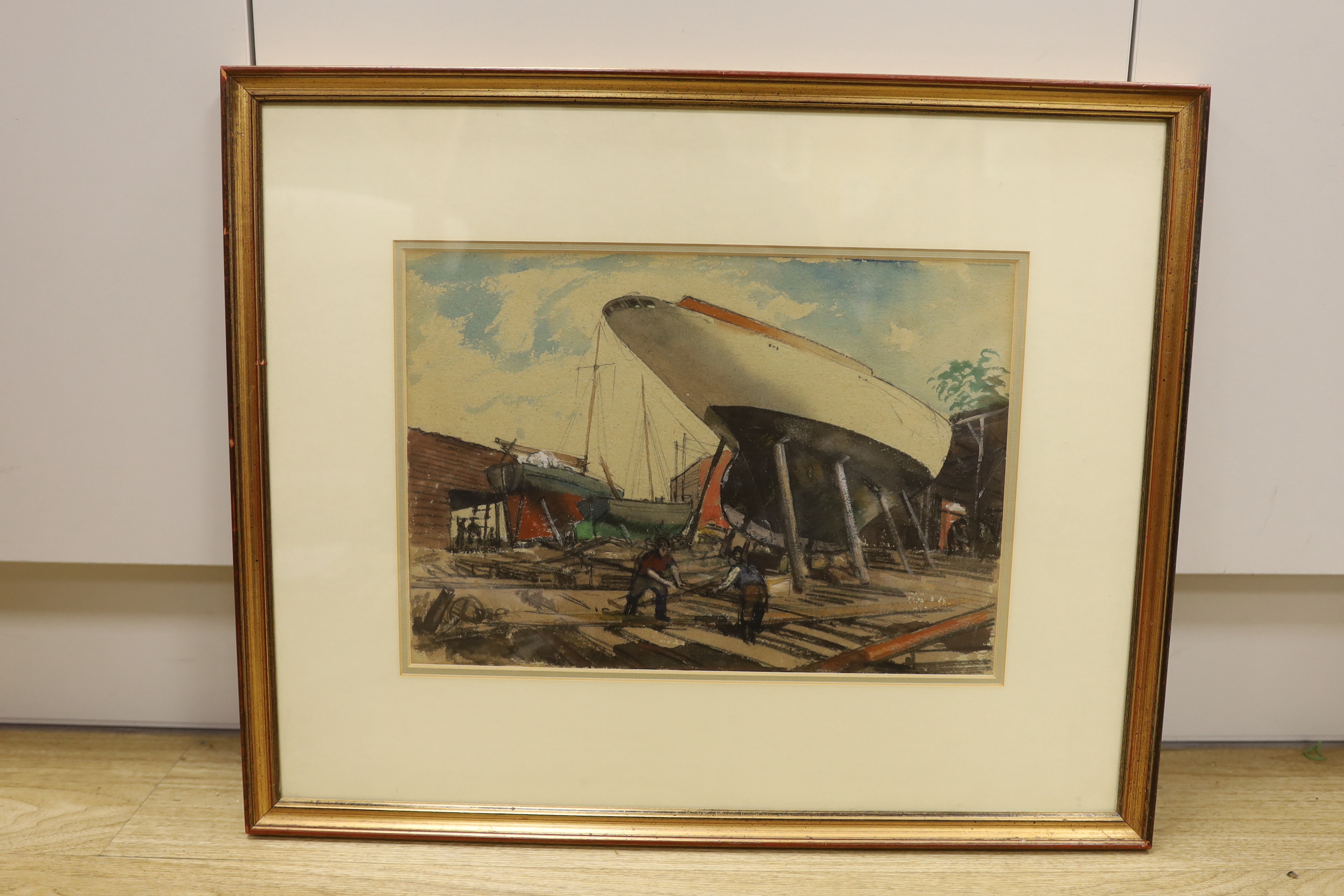 William Dring R.A (1904-1990), watercolour, 'The Boatyard', (possibly 'Firebird' CE Nicholson design), label verso, unsigned, 25 x 34cm